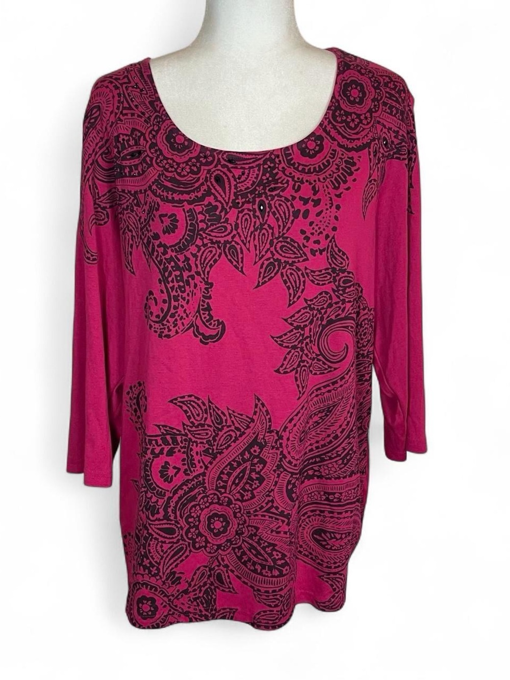 Karen Scott Woman Plus Size 2X Red Maroon Black Paisley Print Top Blouse Beaded